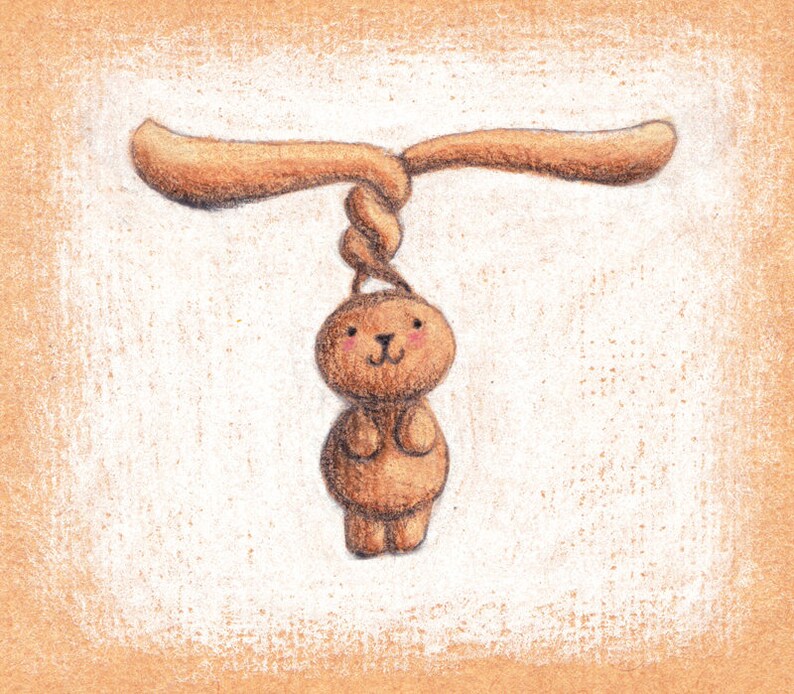 Pode incluir: Um coelho de desenho animado marrom com um grande sorriso est&aacute; pendurado de cabe&ccedil;a para baixo em uma corda marrom. O coelho est&aacute; segurando suas patas juntas na frente dele.