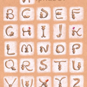 Pode incluir: Um cartaz do alfabeto com as letras de A a Z formadas por coelhos marrons. Cada letra est&aacute; em um quadrado branco sobre um fundo marrom. O texto "The Ciacio Alphabet" by Sarah Khoury 2014 est&aacute; na parte inferior do cartaz.