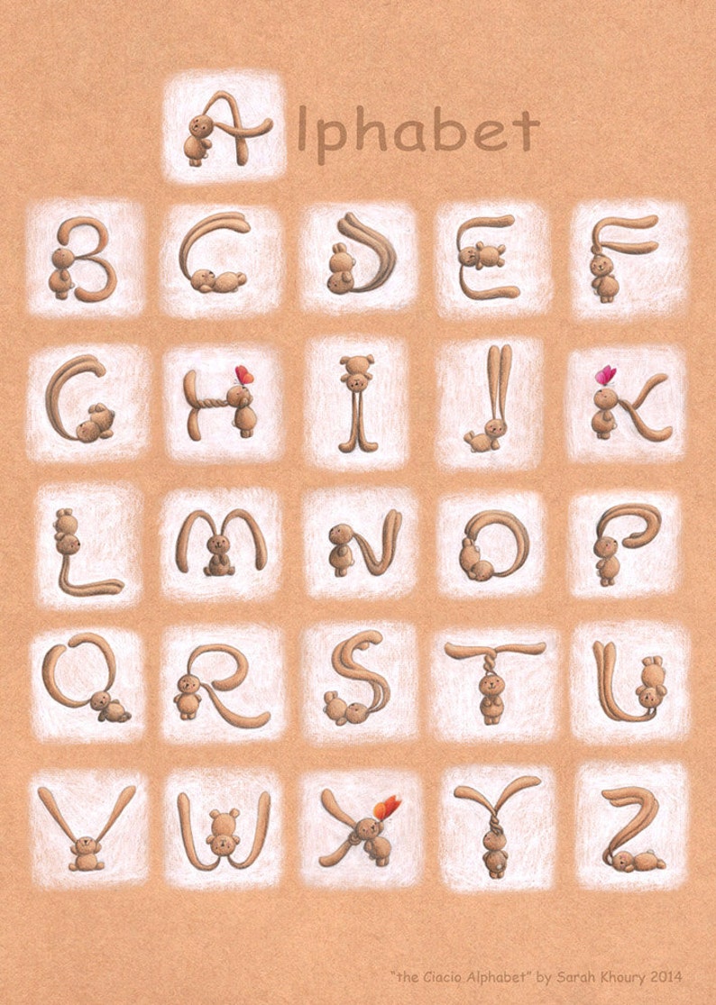 Pode incluir: Um cartaz do alfabeto com as letras de A a Z formadas por coelhos marrons. Cada letra est&aacute; em um quadrado branco sobre um fundo marrom. O texto "The Ciacio Alphabet" by Sarah Khoury 2014 est&aacute; na parte inferior do cartaz.