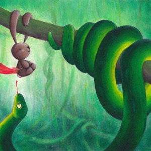 Estampa infantil: SELVA, ilustração de COBRA verde. Arte de coelho. Decoração de quarto infantil, sala de jogos. Amante da natureza, floresta. Jibóia-árvore-esmeralda. Ciacio