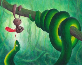 Children print JUNGLE, green SNAKE illustration. Bunny art. Kids room decor, Playroom. Nature lover, forest. Emerald tree boa. Ciacio