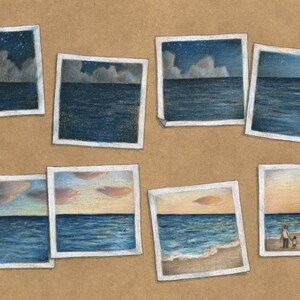 Peut inclure: Une collection de huit photographies encadrées représentant différents paysages marins. Les photos montrent une variété de ciels, du bleu clair au nuageux et étoilé, et l'océan est représenté dans des nuances de bleu et de vert. Certaines photos montrent une plage avec un couple se promenant le long du rivage.