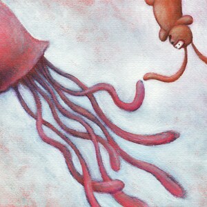 May include: A pink squid with long tentacles reaches out to a brown rabbit with long ears. The rabbit is upside down and appears to be falling.