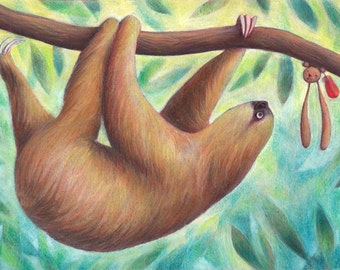 Illustration enfant, PARESSEUX drôle. Impression signée, Déco chambre enfant. Jungle, Amazonie. Affiche chambre enfant, illustration Forêt