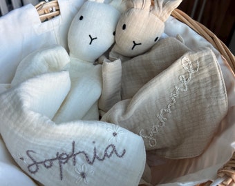 Hand embroidered Bunny Lovey || Easter Basket stuffed animal || organic muslin cotton blanket || baby shower gift