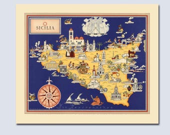 Impresión de mapa vintage de Sicilia, Italia, 1939, Sicilia Art
