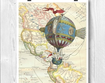 Impresión de máquina aerostática, decoración de globos aerostáticos, guardería con globos, arte de mapas, máquina voladora, artes decorativas, póster educativo