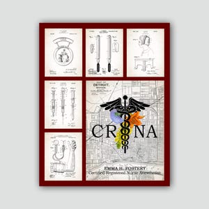 May include: A vintage medical illustration with a map of Detroit, Michigan, and the acronym CRNA. The illustration features a caduceus with flowers and the text "Emma H. Fostery, Certified Registered Nurse Anesthetist".