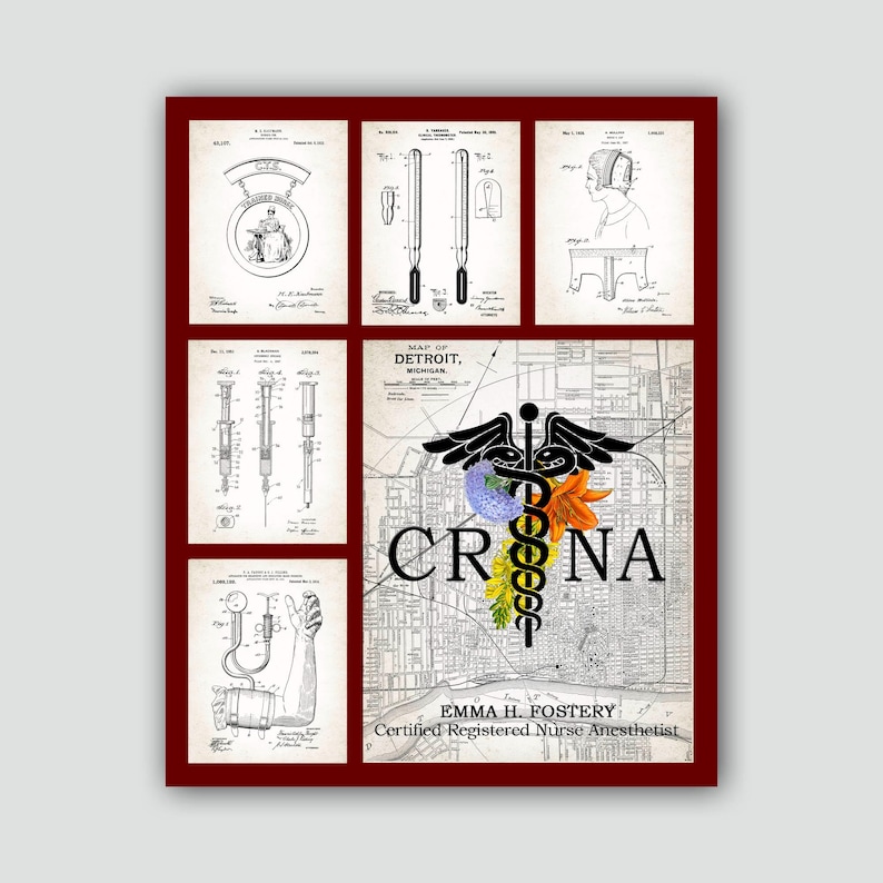 May include: A vintage medical illustration with a map of Detroit, Michigan, and the acronym CRNA. The illustration features a caduceus with flowers and the text "Emma H. Fostery, Certified Registered Nurse Anesthetist".