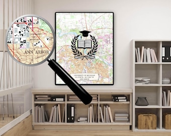 Regalo de graduación de la Universidad de Michigan / Mapa personalizado de la universidad / Póster de graduación universitaria / Regalo para exalumnos / Regalo de jubilación
