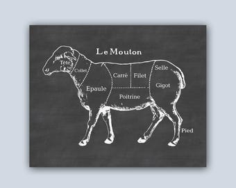 Impresión de cortes de oveja francesa: Diagrama de carnicero de cocina vintage