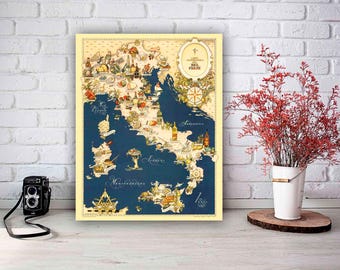 Póster vintage del mapa gastronómico de Italia, 1949, arte mural gastronómico de Bel Paese