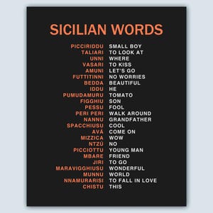 Sicilian Words Print, Sicilia Decor, Sicily Gift Ideas, Sicily keepsake, Sicily memorial