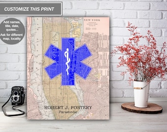 Lámina artística personalizada de paramédico: regalo de mapa vintage