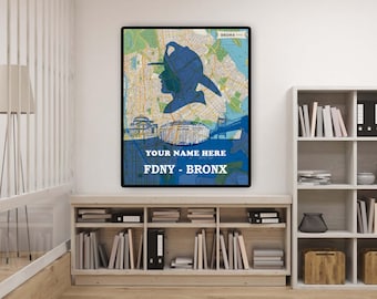 Lámina personalizada de bombero: Mapa vintage del Bronx, Nueva York, regalo de jubilación o graduación.