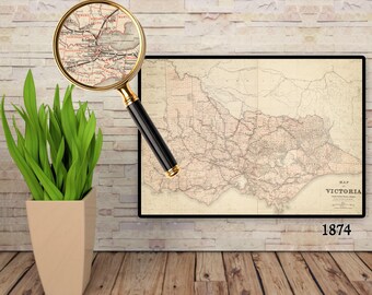 Póster del mapa de los ferrocarriles de Victoria, 1874, regalo de un trabajador de la cueva de un hombre (AU)