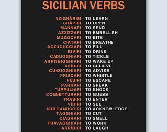 Póster de verbos sicilianos, arte en lengua siciliana, decoración de Sicilia