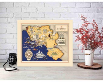 Impresión vintage de un mapa de Campania, Italia, 1939, decoración italiana