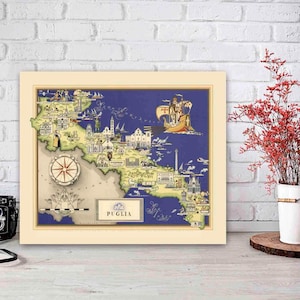 Puglia Apulia Italy Vintage Map, Puglia Decor, Puglia Gift Ideas, Italian Wall Decor