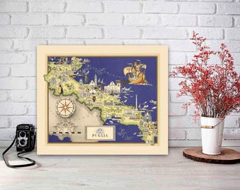 Impresión vintage de mapa de Apulia, Italia, arte mural italiano