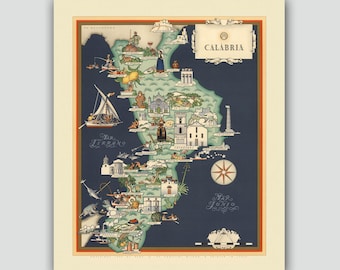 Impresión vintage de un mapa de Calabria, Italia: decoración de pared italiana