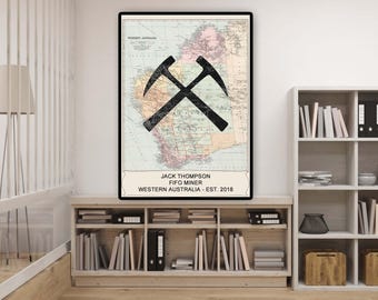 Impresión personalizada de mapa de Australia Occidental de 1910, regalo minero FIFO, arte mural minero