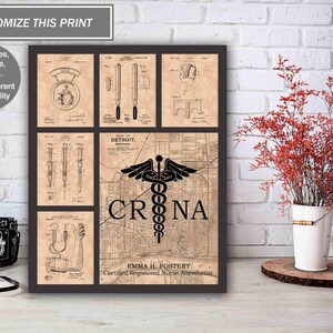 May include: A printable wall art design featuring a vintage medical illustration of a caduceus, a symbol associated with medicine. The design includes the text "CRNA" and "Certified Registered Nurse Anesthetist" along with the name "Emma H. Fostery".