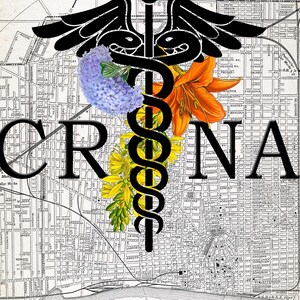 May include: A black and white medical symbol, known as the Rod of Asclepius, with a snake wrapped around it. The symbol is superimposed on a vintage map of a city, with the word "CRNA" in large black letters. The symbol is surrounded by colorful flowers, including blue hydrangeas, yellow flowers, and orange lilies.