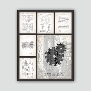 May include: A framed print featuring six vintage mechanical engineering diagrams. The print includes a New York City map with two gear illustrations and the text "Emma H. Fostery, Mechanical Engineer."
