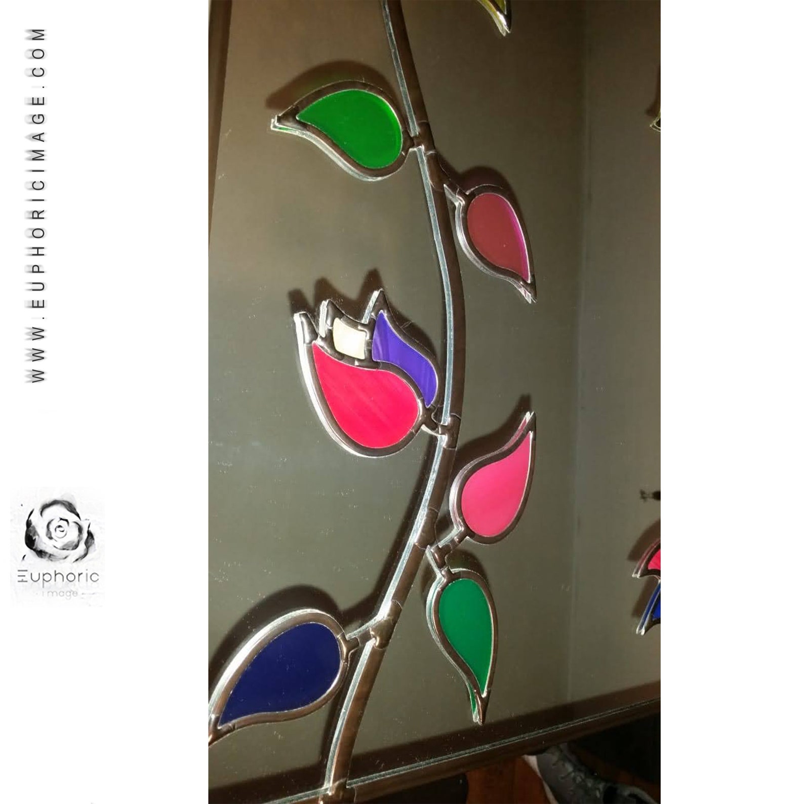 Long Symmetrical Branches Design Lead Overlay Stained Glass Mirror 40 X
