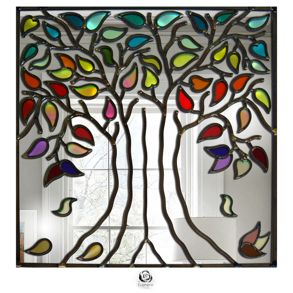 Square Tree of Life Lead Overlay Stained Glass Mirror Design 61 X 61 Cm