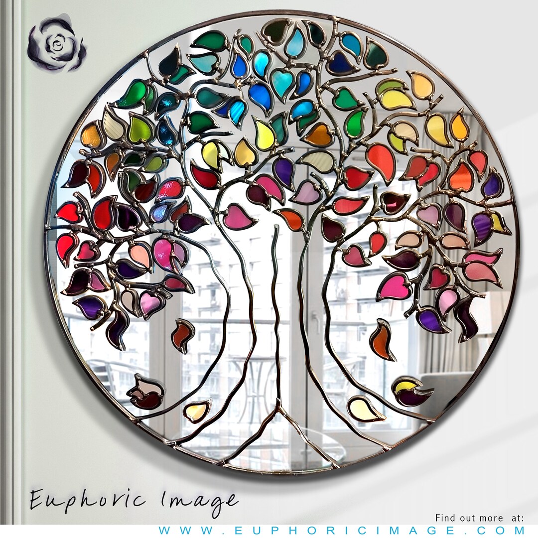 Round Tree of Life Design Lead Overlay Stained Glass Mirror Etsy