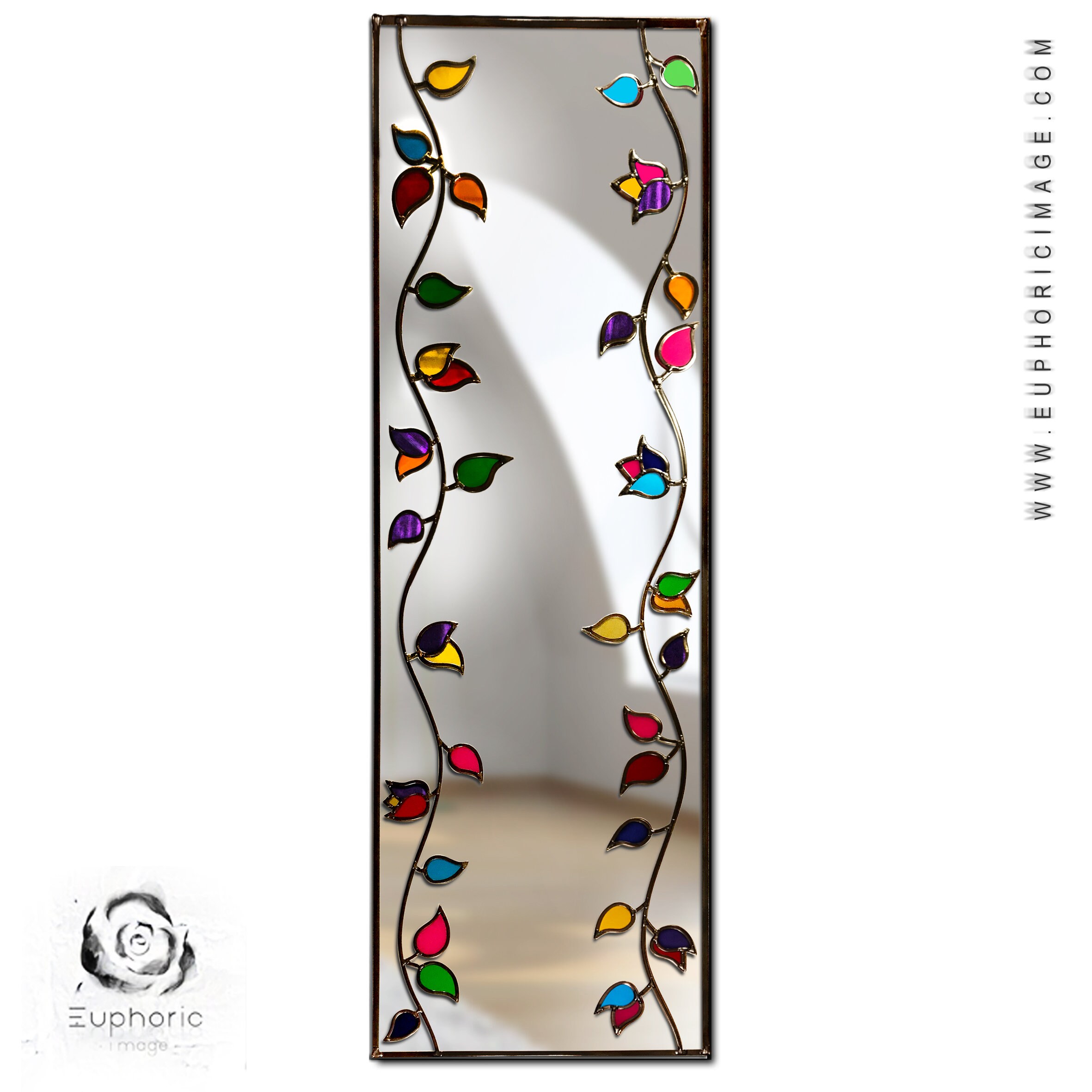 Long Symmetrical Branches Design Lead Overlay Stained Glass Mirror 40 X
