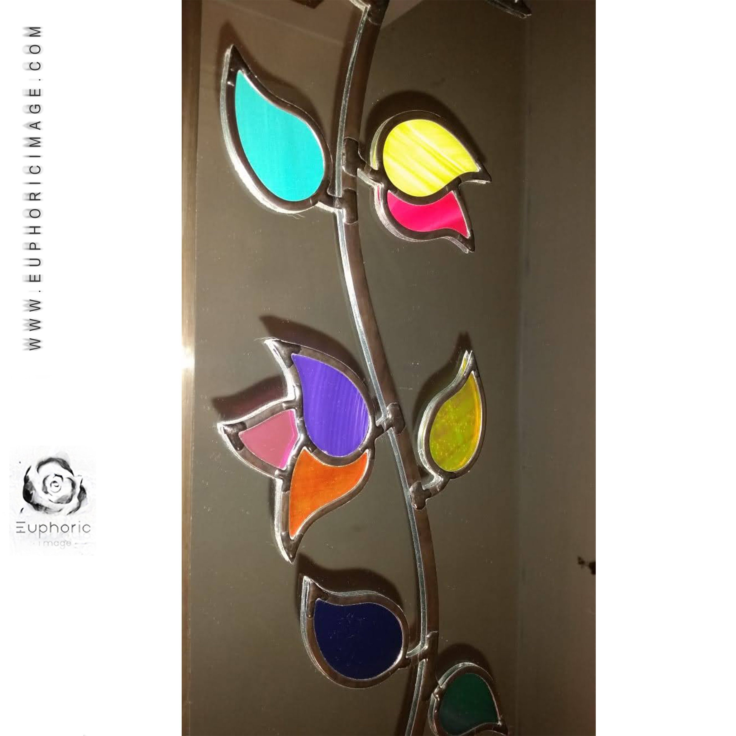 Long Symmetrical Branches Design Lead Overlay Stained Glass Mirror 40 X