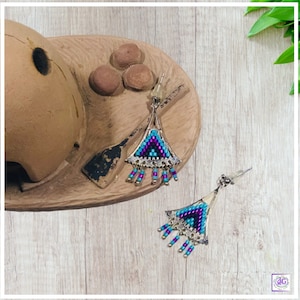 Fuchsia Silver Beaded Triangle Earrings, Boho Chic, Handmade Jewelry, Beaded Earrings, Silver Jewelry, Dangle and Drop, Triangle Jewelry