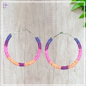 Luminous Neon Beaded Hoop Earrings 2&quot;, Colorful and Sparkly Earrings, Handmade Jewelry,  Beaded Earrings, Neon Jewelry, Boho Earrings