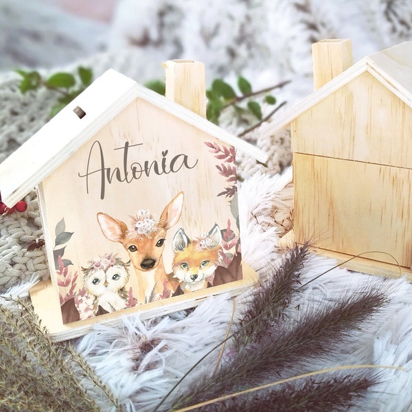 Spardose personalisiert Holz Kind Kinder als Geschenk zur Geburt, Spardose mit Name, Sparschwein Waldtiere und Dschungel Motive mit Gräser