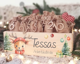 Personalisierter Adventskalender "Fuchs" Adventskiste zum Befüllen Aquarell Advent Holzkiste Weihnachten personalisiert mit Name