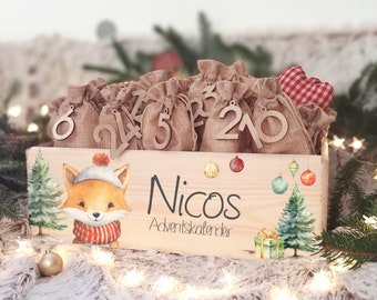 Personalisierter Adventskalender "Fuchs" Adventskiste zum Befüllen Aquarell Advent Holzkiste Weihnachten personalisiert mit Name