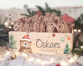 Personalisierter Adventskalender "Fuchs" Adventskiste zum Befüllen Aquarell Advent Holzkiste Weihnachten personalisiert mit Name