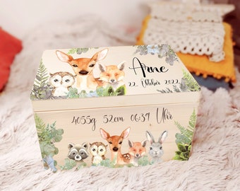 Erinnerungskiste Baby mit Name Erinnerungsbox, Holzkiste mit Name Personalisiertes Geschenk zur Geburt Holz Farne