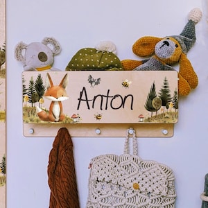 Armario para niños armario infantil con estante nombre de la habitación de los niños gancho de abrigo individual personalizable animales del bosque zorro
