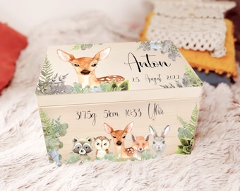 Erinnerungskiste Baby mit Name Erinnerungsbox, Holzkiste mit Name Personalisiertes Geschenk zur Geburt Holz Farne