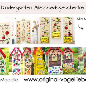 May include: A selection of wooden growth charts and birdhouses with bright designs. The growth charts feature ladybirds, bees, and balloons, with the text "Kindergarten Abschiedsgeschenke". The birdhouses have various designs and the text "Wir ziehen weiter!" and "Alle Modelle".