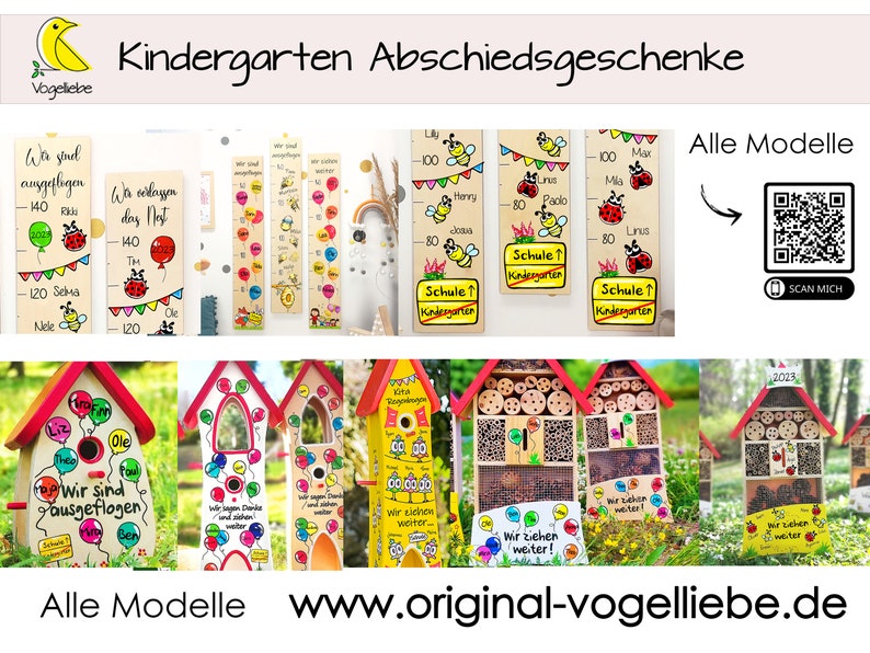 May include: A selection of wooden growth charts and birdhouses with bright designs. The growth charts feature ladybirds, bees, and balloons, with the text "Kindergarten Abschiedsgeschenke". The birdhouses have various designs and the text "Wir ziehen weiter!" and "Alle Modelle".