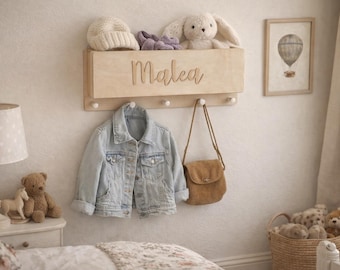 Wardrobe, children's wardrobe with shelf, child, children's room, name, personalized coat hooks, coat rack customizable with laser-engraved name