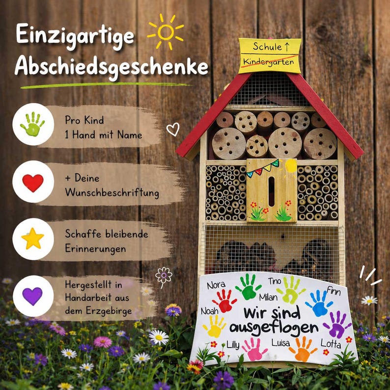 May include: A wooden bug hotel with a red roof and multiple compartments filled with wood and bamboo. The sign on top says "School" and "Kindergarten". A sign below displays colorful handprints and the text "Wir sind ausgeflogen".