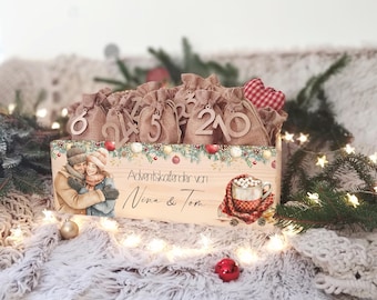 Personalized Advent calendar for couples, Advent box to fill, watercolor, Advent, wooden box Christmas personalized with name