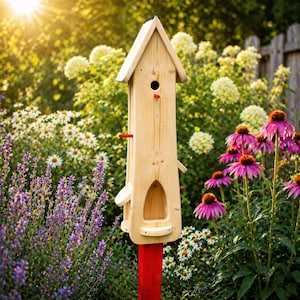 Könnte beinhalten: Ein hoher Vogelhaus aus Holz mit Satteldach, rundem Eingang und kleinen Sitzstangen. Das Vogelhaus steht auf einem roten Pfosten in einem Garten mit lila, weißen und rosa Blumen. Helles Sonnenlicht im Hintergrund.