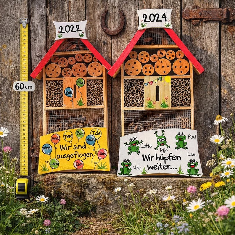 May include: Two wooden insect houses with red roofs, labelled 2022 and 2024. The houses are filled with bamboo and wooden discs. A yellow measuring tape shows 60 cm. Decorative signs with text and frog illustrations are below the houses.